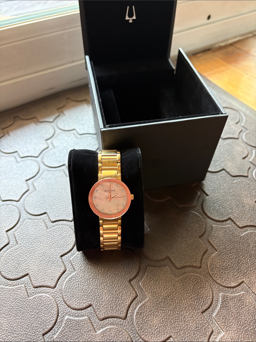 Bulova GoldTone Watch With Pink Dial And Crystal Markers